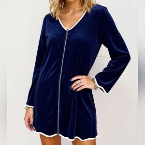 Navy Blue V-Neck Zip-Up Dress